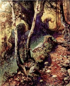 An old woman is hunting for mushrooms in a forest full of them. A squirrel on a birch tree watches her hunt. Painting, from the late 19th or very early 20th century.