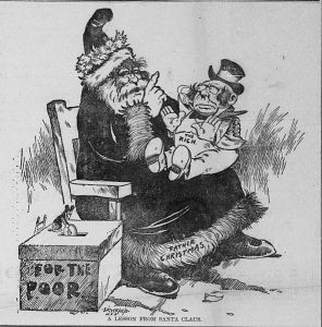 A rich man sitting on Santa's lap, being denied presents. Next to Santa is a collection box for the poor, and a mouse is putting a large coin in the slot on top.