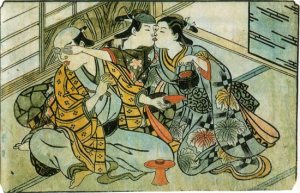 The lover of a rich man sneaks a kiss with a geisha behind the rich man's back.