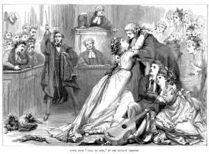 A young lady from the mid-1800s embraces a judge in a courthouse; at the foot of his bench, two lovers embrace, and there's a guitar on the floor, bedecked with ribbons.