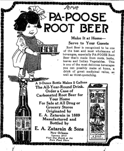 Old ad for Zaratarain's root beer syrup with a little girl carrying a tray of small glasses